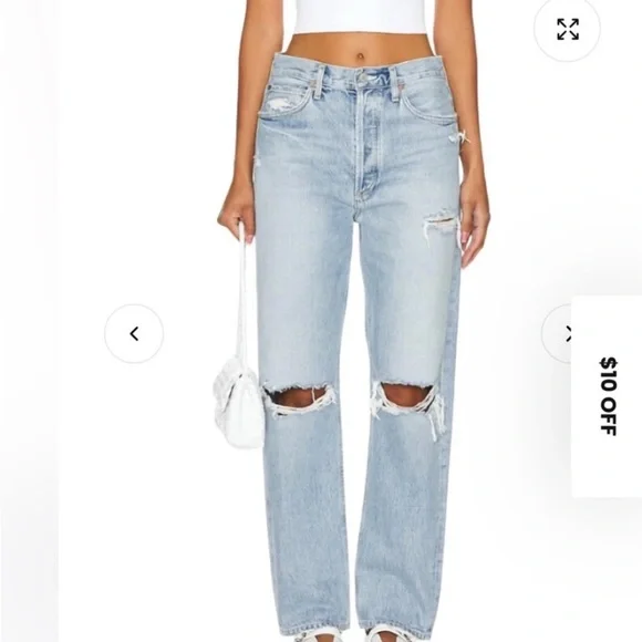 Agolde Light Blue Ripped Straight Leg Jeans - Picture 2 of 6